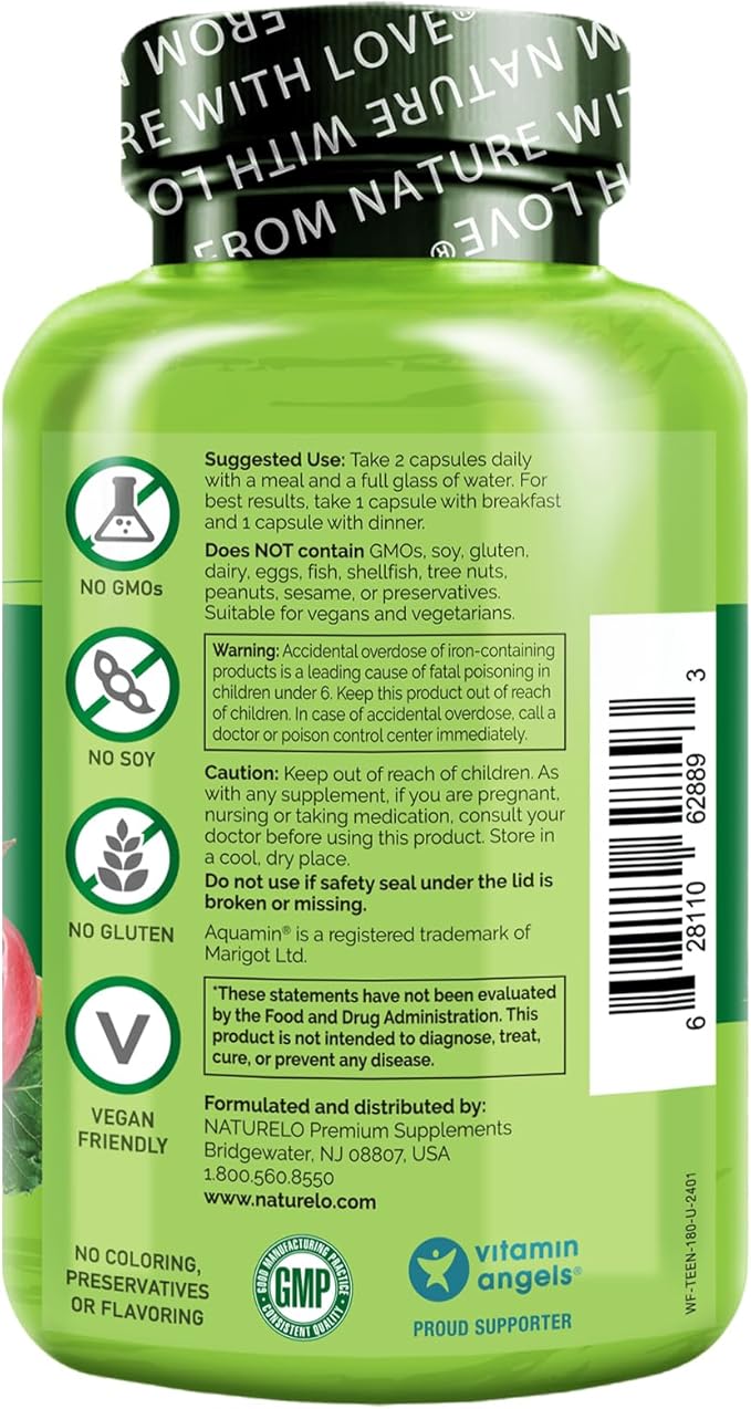 NATURELO Teen Multivitamin - Whole Food Multivitamin - with Minerals for Teenage Boys & Girls - Supplement for Active Kids - Non-GMO - Vegan & Vegetarian - 180 Capsules