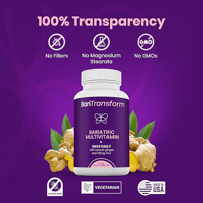 Bariatric Multivitamin with Iron Capsule – 90 Ct – Bariatric Vitamins Multivitamin with Organic Ginger Root for Digestion Support – Once-A-Day Vitamins