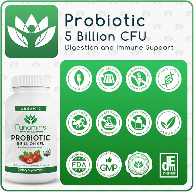 Organic Probiotic Gummies, 5 Billion CFU per Serving, 60 Count, Vegan, Supports Digestive Health and Immune Defense, for Women and Children; Strawberry Flavor