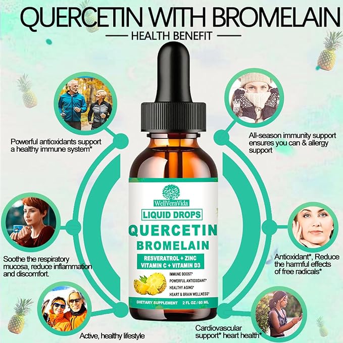 Quercetin with Bromelain Liquid Drops, 4X Stronger Than Capsules & Pills, 7-in-1 Organic Zinc Quercetin 1000mg with Bromelain 500mg Vitamin C D3 Immune Support for Respiratory Health & Antioxidant