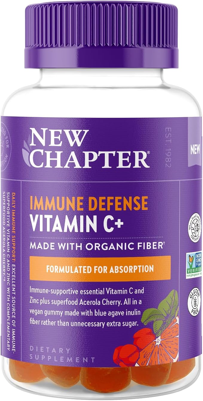 New Chapter Vitamin C+ Gummies – 40% Less Sugar§, Excellent Source of Vitamin C, Two Daily Gummies for Immune Support with Acerola Cherry, Vegan, Non-GMO, Gluten Free, Citrus Flavored, 60ct