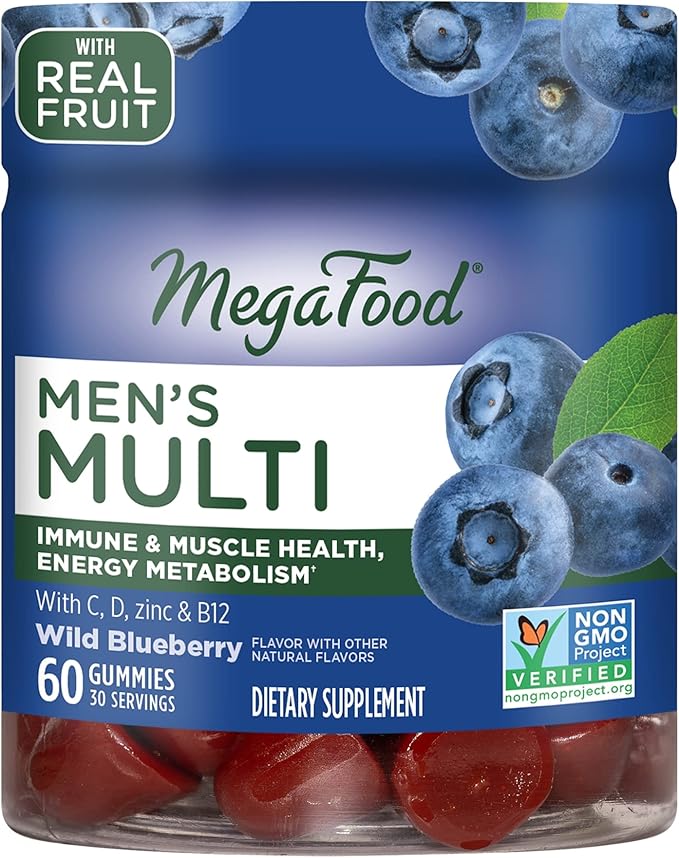 MegaFood Men's Multi - Multivitamin for Men - Gummy Vitamins - Vitamin C, D, Zinc, B12 & Real Fruit - Immune Support - Vegetarian - Wild Blueberry - 60 Gummies (30 Servings)