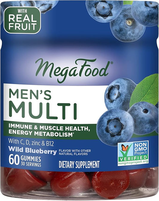 MegaFood Men's Multi - Multivitamin for Men - Gummy Vitamins - Vitamin C, D, Zinc, B12 & Real Fruit - Immune Support - Vegetarian - Wild Blueberry - 60 Gummies (30 Servings)