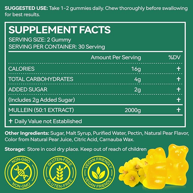 Mullein Gummies - Mullein Leaf Extract for Lungs, 2000mg Mullein Gummies for Lungs Detox, Respiratory Digestive Immune Support, 60 Count