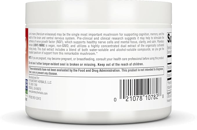Planetary Herbals Lion Mane, Vegan Herbal Supplement, Memory, Focus and Mood* Vegan Powder - 30 Grams
