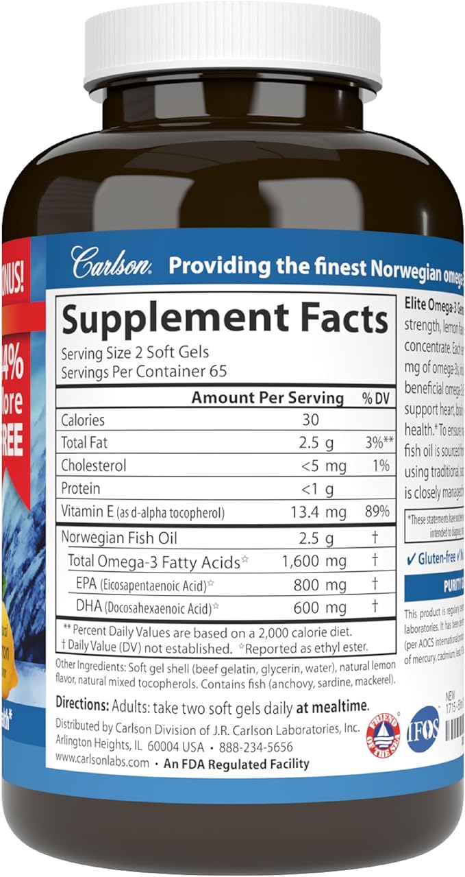 Carlson - Elite Omega-3 Gems, 1600 mg Omega-3 Fatty Acids Including EPA and DHA, Norwegian, Wild-Caught Fish Oil Supplement, Sustainably Sourced Omega 3 Fish Oil Capsules, Lemon, 130 Softgels