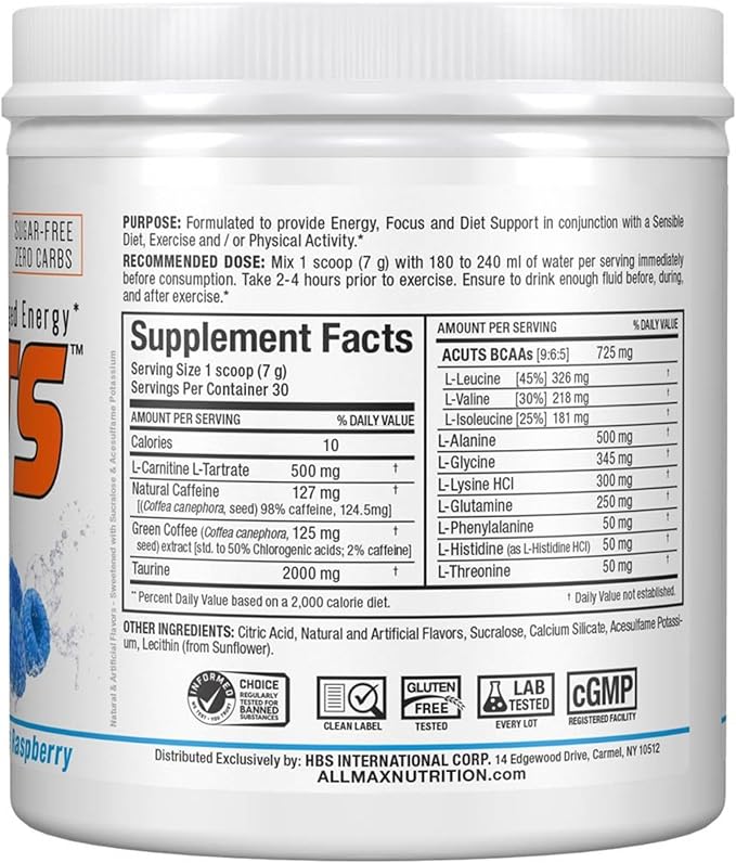 ALLMAX Nutrition AMINOCUTS (ACUTS), Amino-Charged Energy Drink with Taurine, L-Carnitine, Green Coffee Bean Extract, Blue Raspberry, 36 Servings