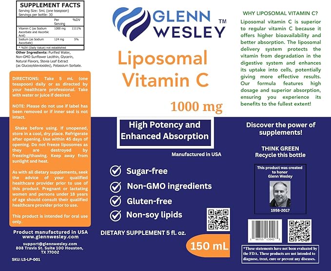 Liquid Liposomal Vitamin C 1000mg (5 Fl. Oz. 150ml) 30 Servings - Sugar-Free, Non-GMO, Gluten-Free Dietary Supplement - High Potency and Enhanced Absorption