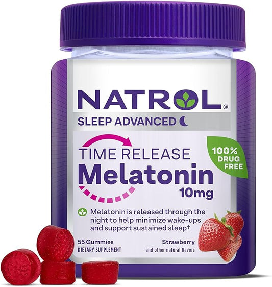 Natrol 10 mg Melatonin Gummies, Time Release Sleep Gummies for Adults, Minimize Wake Ups, Strawberry-Flavored, 55 Count, 55 Day Supply