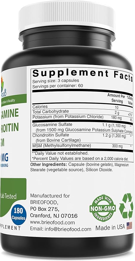 Brieofood Triple Strength Glucosamine Chondroitin MSM 2600mg/Serving Capsules, Supports Healthy Joint, Cartilage and Connective Tissue - Promotes Joint Comfort & Flexibility 180 Count