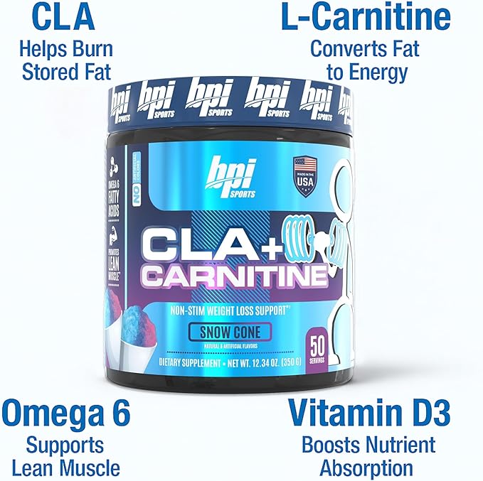 BPI Sports CLA + Carnitine – Conjugated Linoleic Acid – Performance, Lean Muscle – Caffeine Free – For Men & Women – Snow Cone – 50 servings – 12.34 oz.