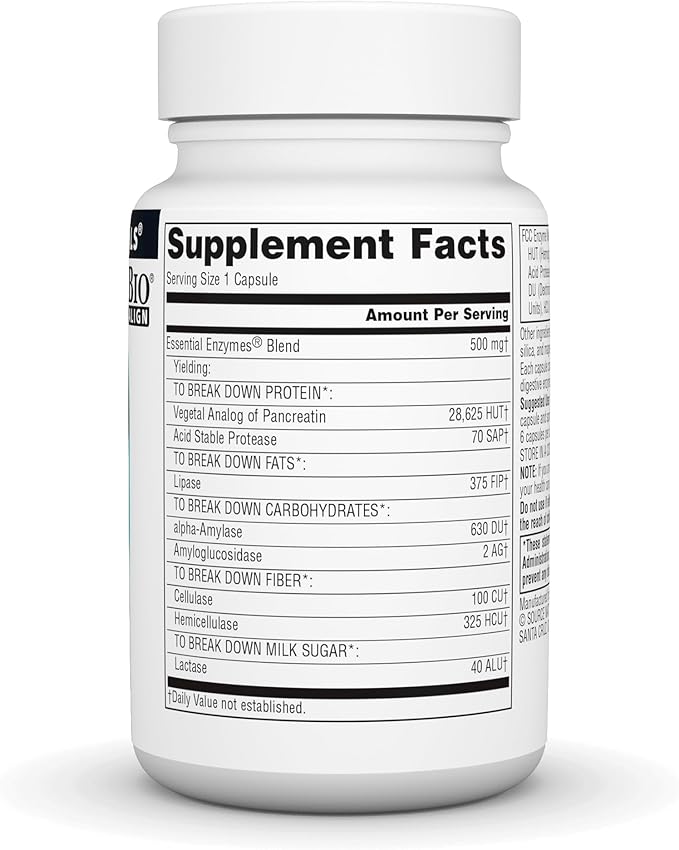 Source Naturals Essential Enzymes 500mg Bio-Aligned Multiple Enzyme Supplement Herbal Defense for Digestion, Gas, Constipation & Bloating Relief - Supports A Strong Immune System - 60 Capsules