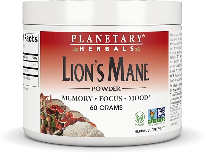 Planetary Herbals Lion Mane, Vegan Herbal Supplement, Memory, Focus and Mood* Vegan Powder - 60 Grams