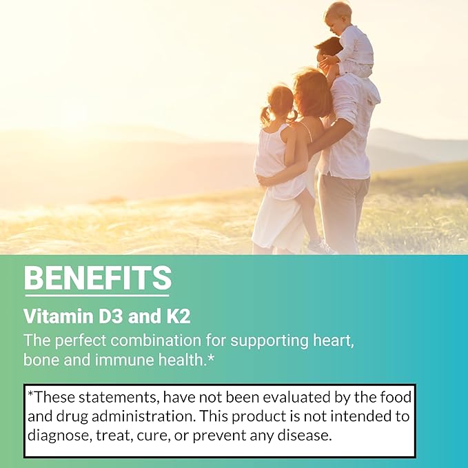 Vitamin D3 5000 IU with K2 100 mcg, 100 Soft-Gels for Healthy Muscle Function, 2 in 1 Support Immune, Optimal Calcium Absorption. Non-GMO, Gluten-Free, Soy-Free, Dairy-Free.