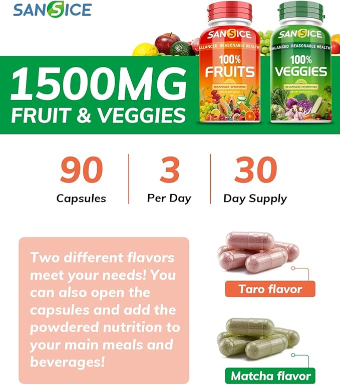 Fruits and Veggies Supplement, Natural Fruit and Vegetable Vitamins Soy Free & Non-GMO Vegetable and Fruit Supplements for Women Men and Kids - 90 Fruit Capsules, 90 Veggie Capsules