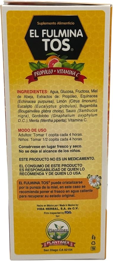 Jarabe Vitamina C (8.11oz) - Syrup with Propolis, Lemon, Great Mullein and Vitamin C, echinacea | Nutritional Supplement