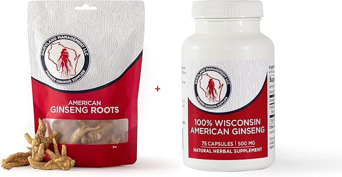 Dairyland American Ginseng Roots 8 oz and Capsules 75 ct Pack of Wisconsin Ginseng – Direct from Farmer to Consumer 西洋参