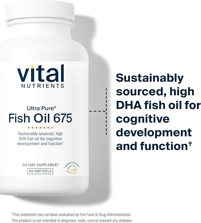 Vital Nutrients Ultra Pure® Fish Oil 675 | Supports Brain Development & Function* | Sustainably Sourced High DHA Omega-3 Fatty Acid | Lemon Flavor | Gluten, Dairy & Soy Free | 90 Softgels