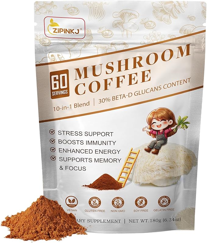 Mushroom Coffee Powder Organic (60 Servings) Instant Coffee Natural Ingredients - Lion's Mane, Cordyceps, Reishi, Chaga Mushrooms Powder Supplement Better Focus and Immunity, Gut Digestion