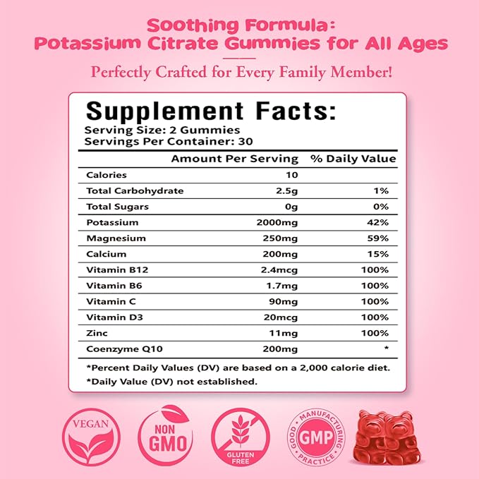 2 Pack Potassium Citrate Gummies – Potassium Supplement for Muscle Health, Leg Cramp Relief & Electrolyte Balance, Vegan, Non-GMO, Gluten-Free, Raspberry Flavor, 120 Count