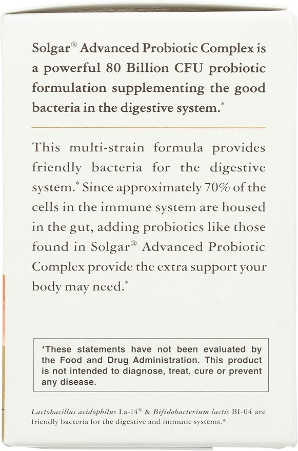 Solgar Advanced Probiotic Complex, 30 Vegetable Capsules - 80 Billion CFU Multi Strain Probiotic - Everyday Care for Digestive & Immune Systems - Non-GMO, Vegan, Gluten & Dairy Free, 30 Servings