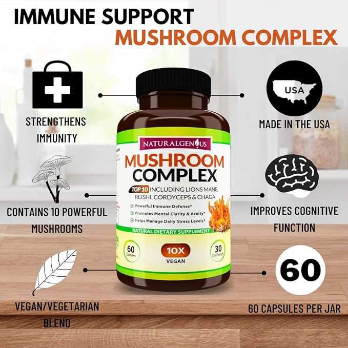 Natural Genius Top 10 Mushroom Extracts - White Button, Lions Mane, Cordyceps, Chaga, Reishi Plus - Immune Booster, Nootropic