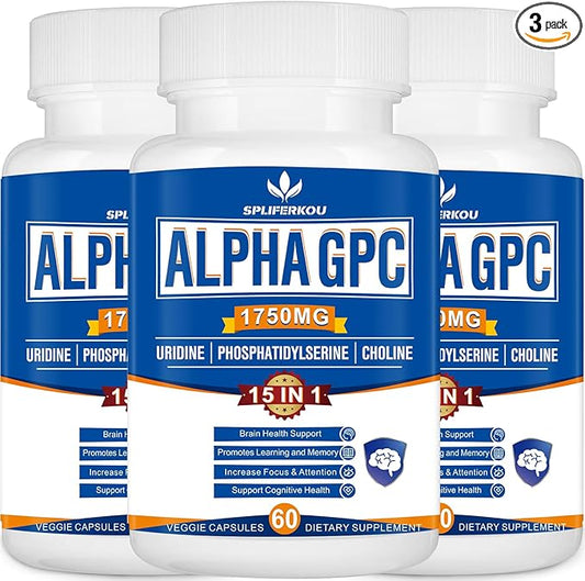 15-in-1 Alpha GPC Supplement - Nootropic Brain Supplement with Phosphatidylserine, Uridine,L-Theanine,Lion's Mane Mushroom for Brain Support, Memory and Focus,180 Capsules