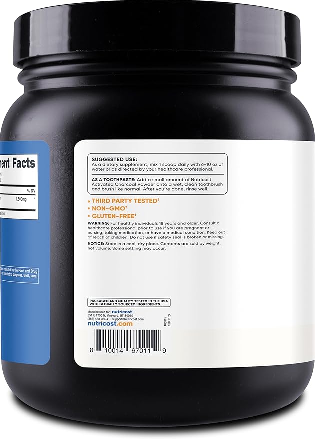 Nutricost Activated Charcoal Powder 1lb - Food Grade Powder, Toothpaste, Facemask, Odor Control, Vegetarian, Gluten Free, Non-GMO
