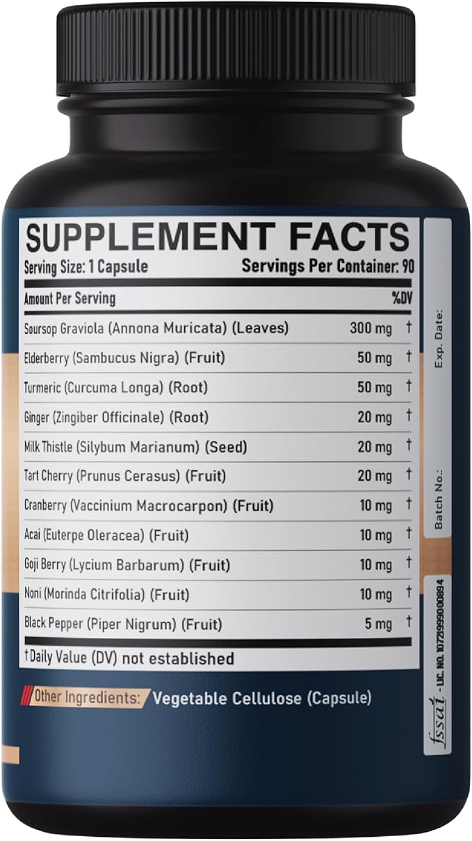 Soursop Graviola Capsules - 3 Months Supply - 9450mg Per Serving - 11 Herbs Elderberry, Turmeric Curcumin, Ginger Root, Milk Thistle - Mood, Mind, Body & Immune Support - 90 Vegan Capsules