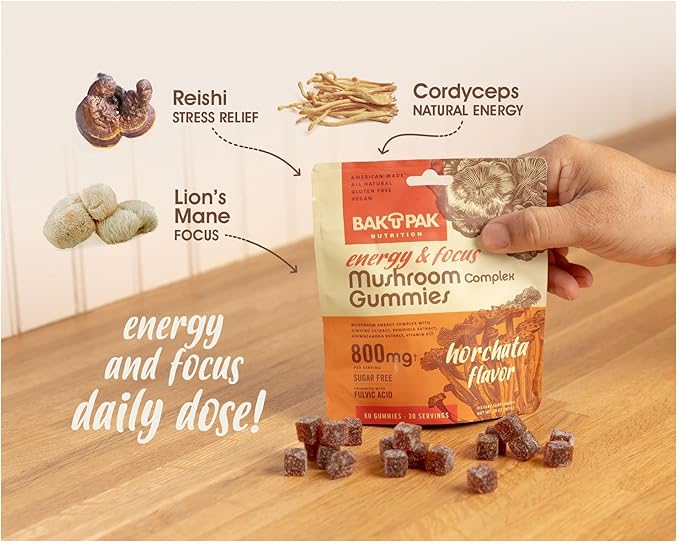 Mushroom Energy&Focus Sugar Free Gummies - Mushroom Supplement with Reishi, Cordyceps, Lion’s Mane, and Ginseng for Natural Energyand Mental Clarity - Natural Horchata Flavor, Gluten-Free, 60 Gummies