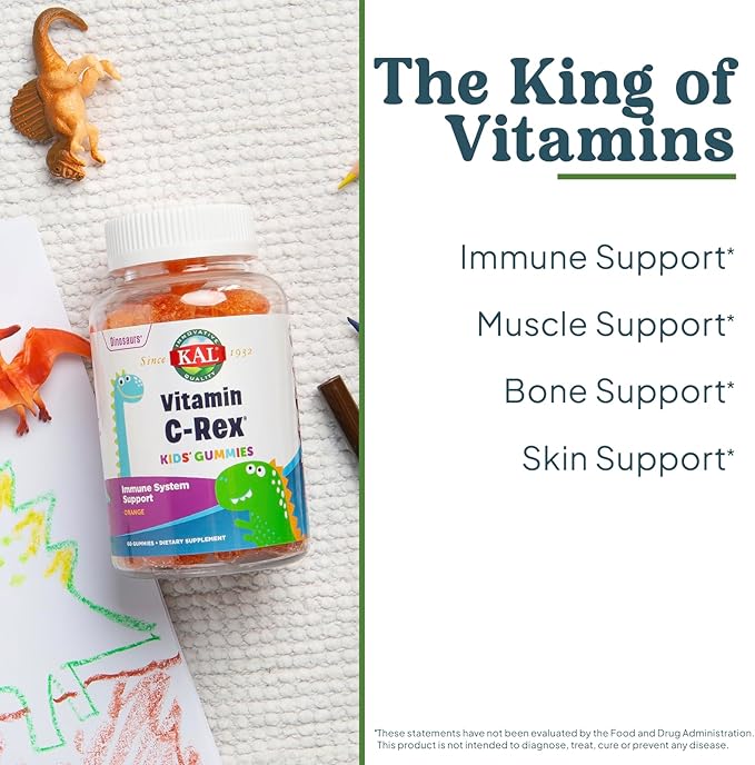 KAL Vitamin C-Rex Kids’ Gummies, Vitamin C Gummies for Kids, Healthy Immune, Bone, Muscle & Skin Support Vitamin C Gummy, Vegan, Gluten Free, 60 Day Money Back Guarantee, 30 Servings, 60 Gummies