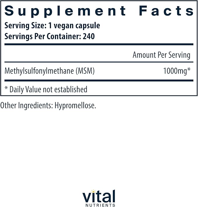 Vital Nutrients - MSM 1000 mg - Natural Form of Organic Sulfur - 240 Capsules