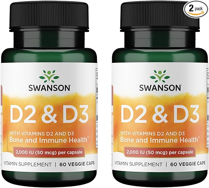 Swanson Vitamin D Complex with Vitamins D2 & D3 - Complete Sunshine Vitamin Complex for Bone, Dental & Immune Health - Vitamin Supplement (50 mcg, 60 Veggie Capsules) (2 Pack)