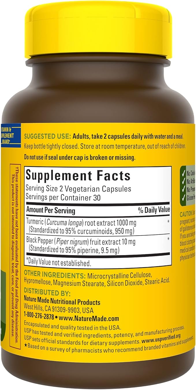 Nature Made Extra Strength Turmeric Curcumin with Black Pepper, 1000mg extract (950mg Curcuminoids) per serving, Supports Healthy Inflammation Response, 60 Vegetarian Capsules, 30 Day Supply