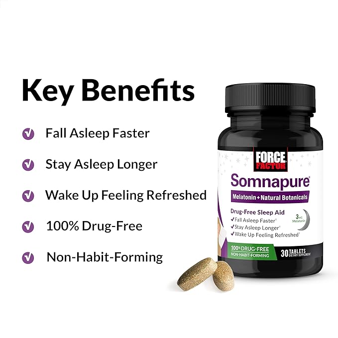 Force Factor Somnapure Drug-Free Sleep Aid for Adults with Melatonin, Valerian Root, and Lemon Balm, Non-Habit-Forming Sleeping Pills, Fall Asleep Calm at Night, Wake Up Refreshed, 30 Tablets