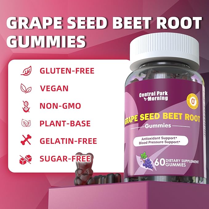 Grape Seed Sugar Beet Energy Gummies, Nitric Oxide and Blood Pressure Support, Grape Seed Extract & Non-GMO Beet Root Gummies, Grape Flavor