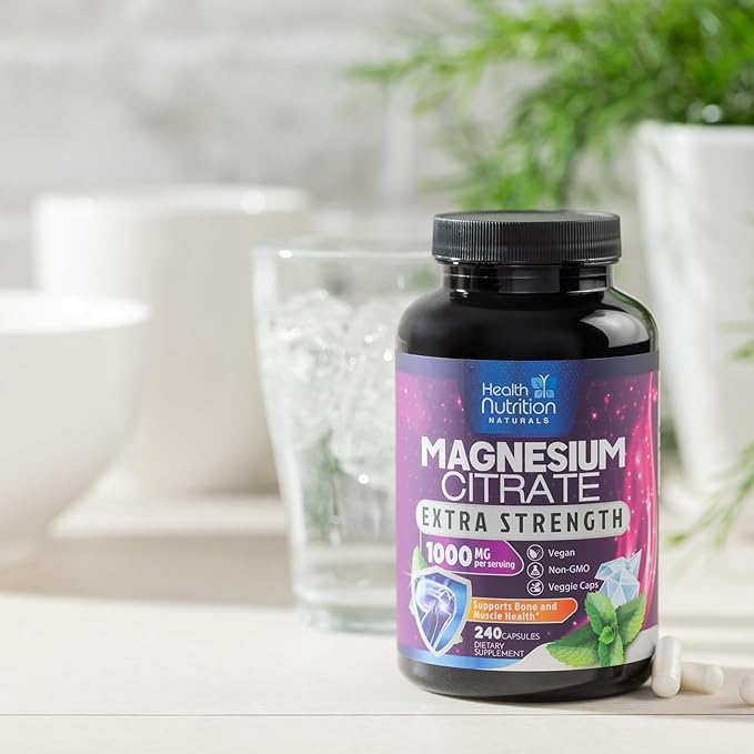 Magnesium Citrate Capsules 1000mg - Max Absorption Magnesium Powder for Muscle, Nerve, Bone and Heart Health Support, High Absorption Citrate Complex, Gluten Free, Non-GMO - 240 Capsules