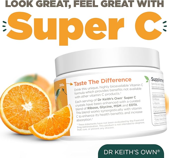 Dr. Keith's Own Super C-High Dose Powdered Vitamin C 4000mg with D-Ribose, Glycine, MSM-Highly Absorbable, Stomach-Friendly, Collagen Boost, Immune Support-Unflavored, 200 Grams (30 Servings)