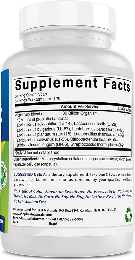 Best Naturals Probiotic 10 Strains 30 Billion Shelf Stable 120 Veggie Caps (120 Count (Pack of 3))