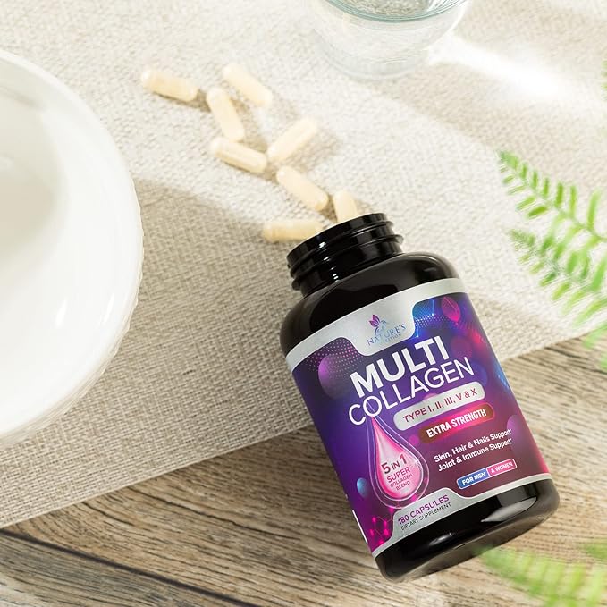 Collagen Peptides for Women & Men - Type I, II, III, V, X Multi Collagen Pills, Hydrolyzed Collagen Peptides Supplements, Nature's Hair, Skin, Nail, and Joint Support Supplement, Non-GMO, 180 Capsules