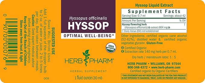 Herb Pharm Certified Organic Hyssop Liquid Extract - 1 Ounce (Pack of 2)