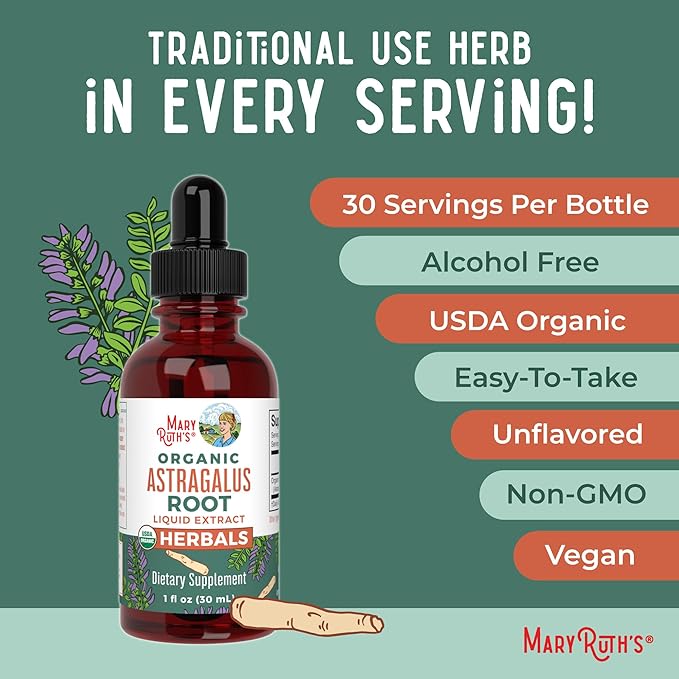 MaryRuth Organics Astragalus Root, Sugar-Free, USDA Organic, Astragalus Extract for Immune Support and Focus, Herbal Liquid Drops, Non-GMO, Vegan, 1 Fl Oz