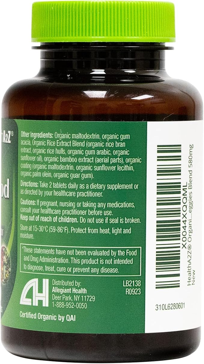 HealthA2Z® Organic Superfood Greens | 60 Tablets | Greens Blend 720mg | Fruits & Veggies Blend 580mg | Alfalfa, Broccoli, Spinach, Spirulina, Apple, Beet Root, Strawberry & Much More!