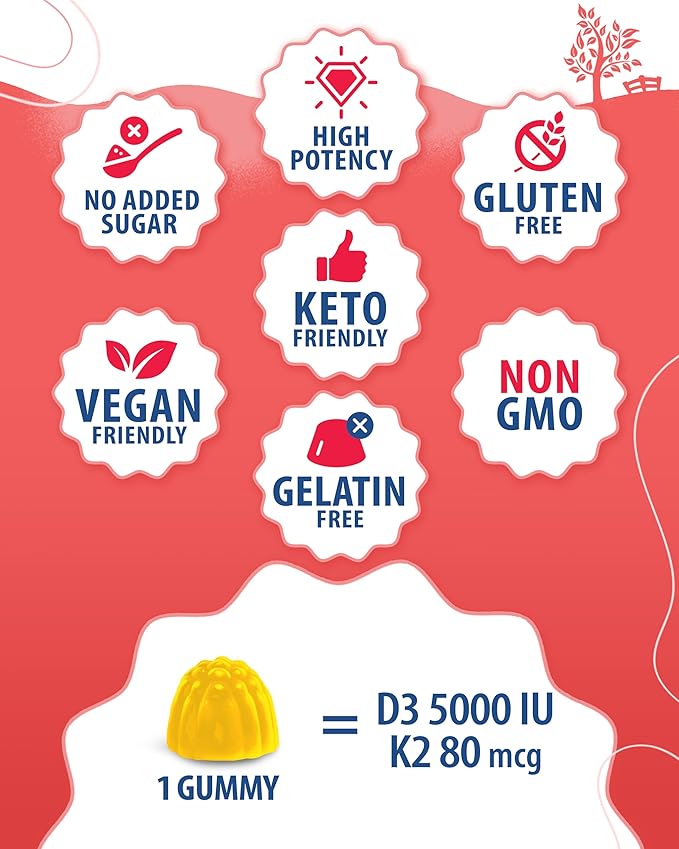 Vitamin D3 K2 Gummies 5000 IU - Immune & Bone Support & Magnesium Gummies for Kids & Adults - 200mg