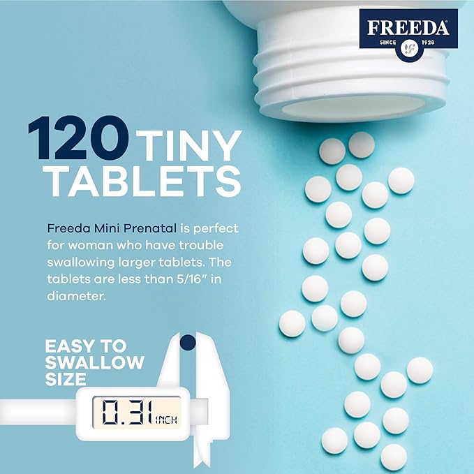 FREEDA Mini Prenatal Vitamin - Kosher Prenatals -Tiny Easy to Swallow Tablets - Prenatal Vitamins with Iron, Prenatal Folic Acid/Folate, Vitamin D - Pre Natal Multivitamin for Pregnant Women (120)