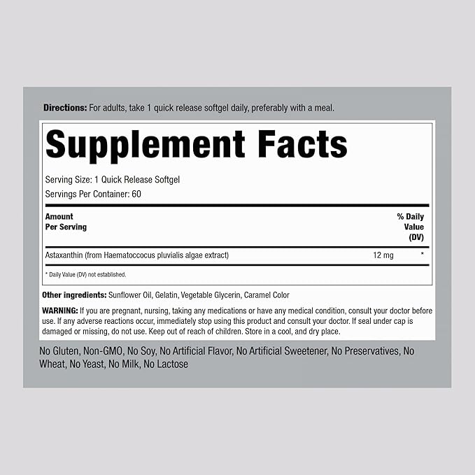 Piping Rock Astaxanthin 12mg | 60 Quick Release Softgels | Extract Supplement | Gluten Free, Non-GMO