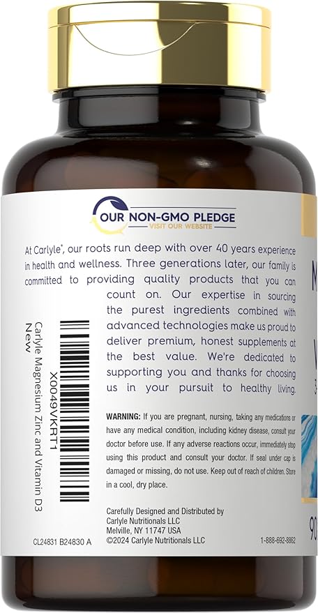Carlyle Magnesium Zinc and Vitamin D3 | 90 Capsules | 3-in-1 Advanced Formula | Vegetarian, Non-GMO and Gluten Free