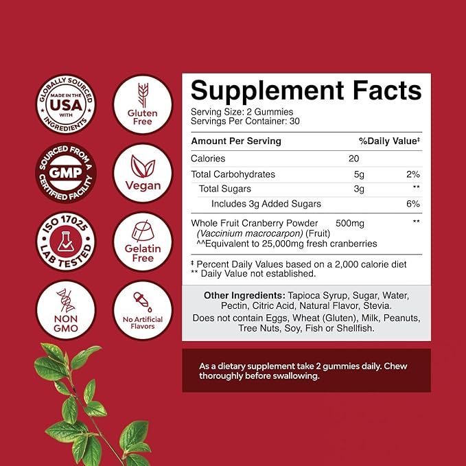 Natural Cranberry Gummies for Women and Men - Extra Strength Delicious Antioxidant Cranberry Chews for Urinary Tract Health Kidney Support Bladder & Immune Health - Vegan Gluten & Gelatin Free