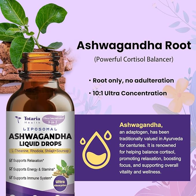 (2 Packs) Liposomal Ashwagandha Liquid Drops w/Soursop Bitters, L-Theanine, Shilajit, Maximum Absorption, Natural Energy, Cortisol Health for Women & Men, Non-GMO, Alcohol Free