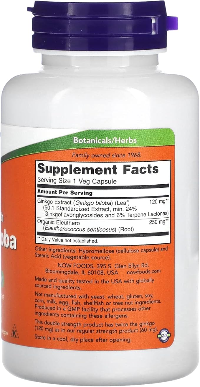 Now Foods Double Strength Ginkgo Biloba, 120 mg, 100 Veg Capsules